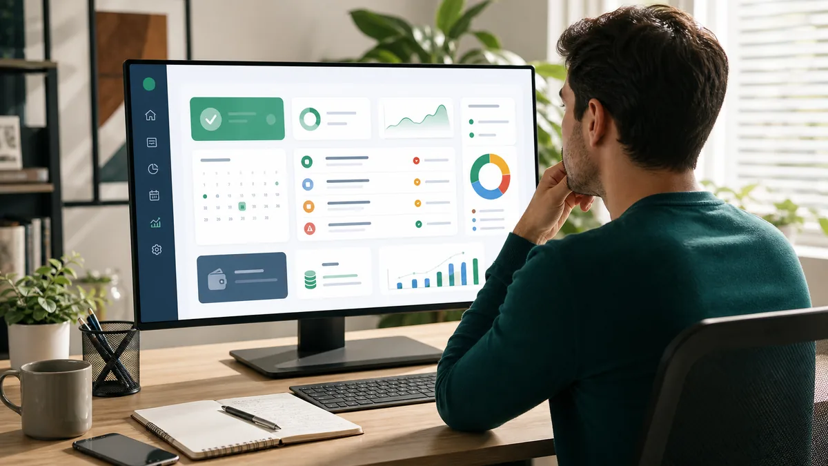 Pessoa organizando dívidas e contas atrasadas em um painel financeiro digital