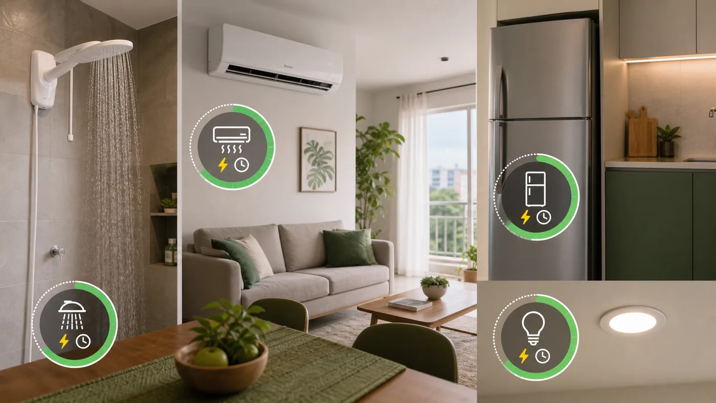 Comparação conceitual do consumo de chuveiro elétrico, ar-condicionado, geladeira e iluminação