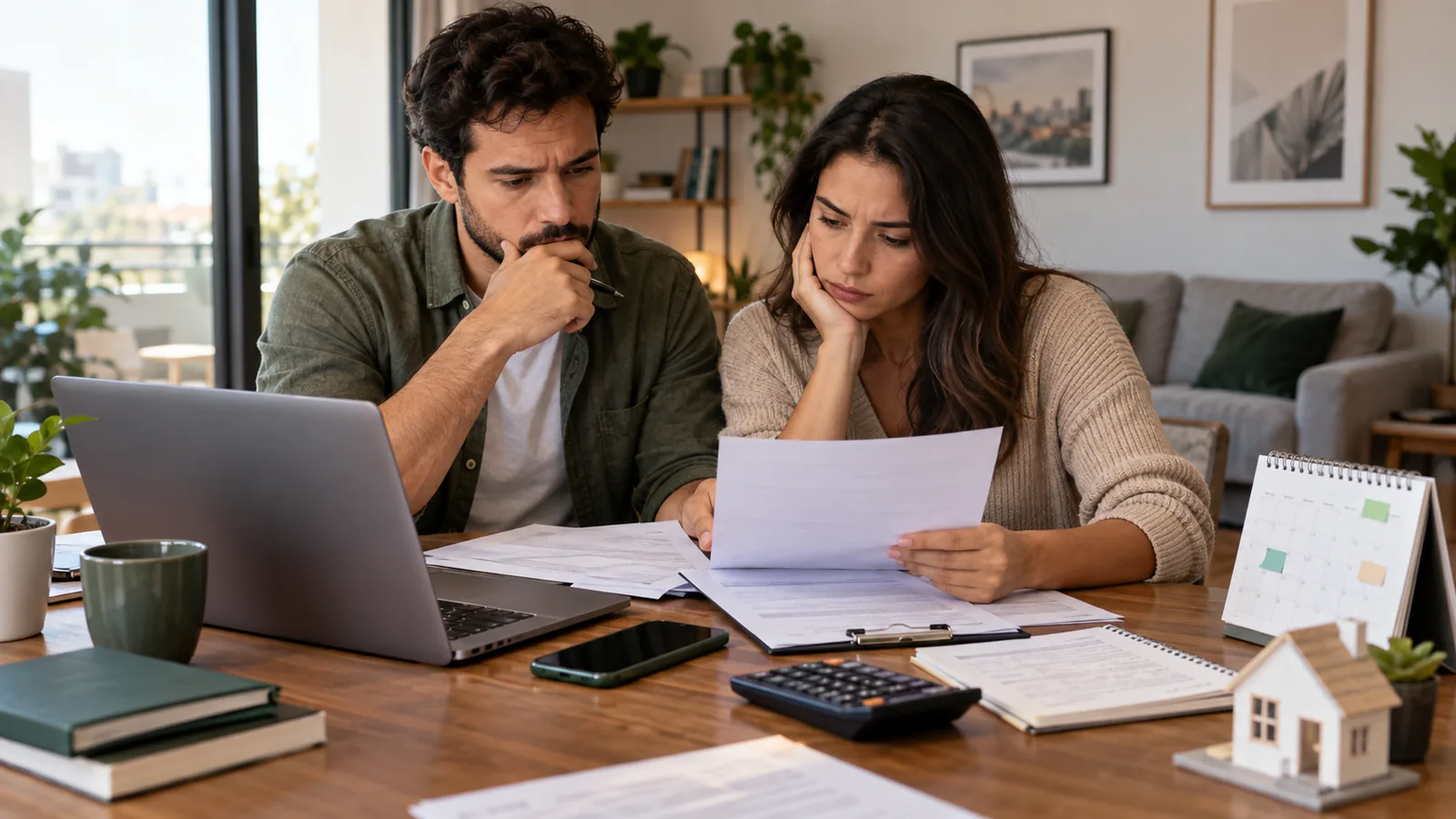 Pessoa acompanhando no celular um financiamento imobiliário enquanto organiza contrato, documentos e prazos de compra do imóvel