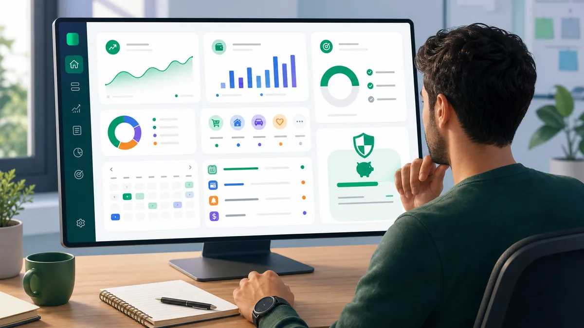 Pessoa revisando o planejamento financeiro do segundo semestre em um painel digital com gastos, metas e calendário